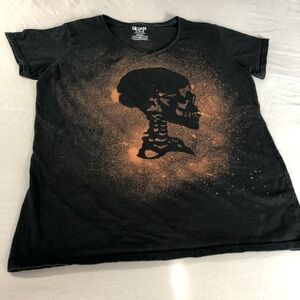 Gildan Black Tee with Skull Graphic Black Silhouette on Orange Hand-dyed Size XL